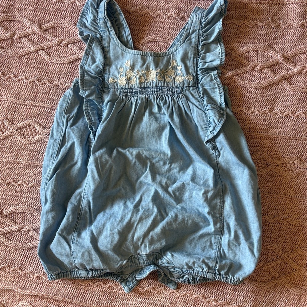 GAP Light Blue Chambray Baby One-Piece with White Embroidery